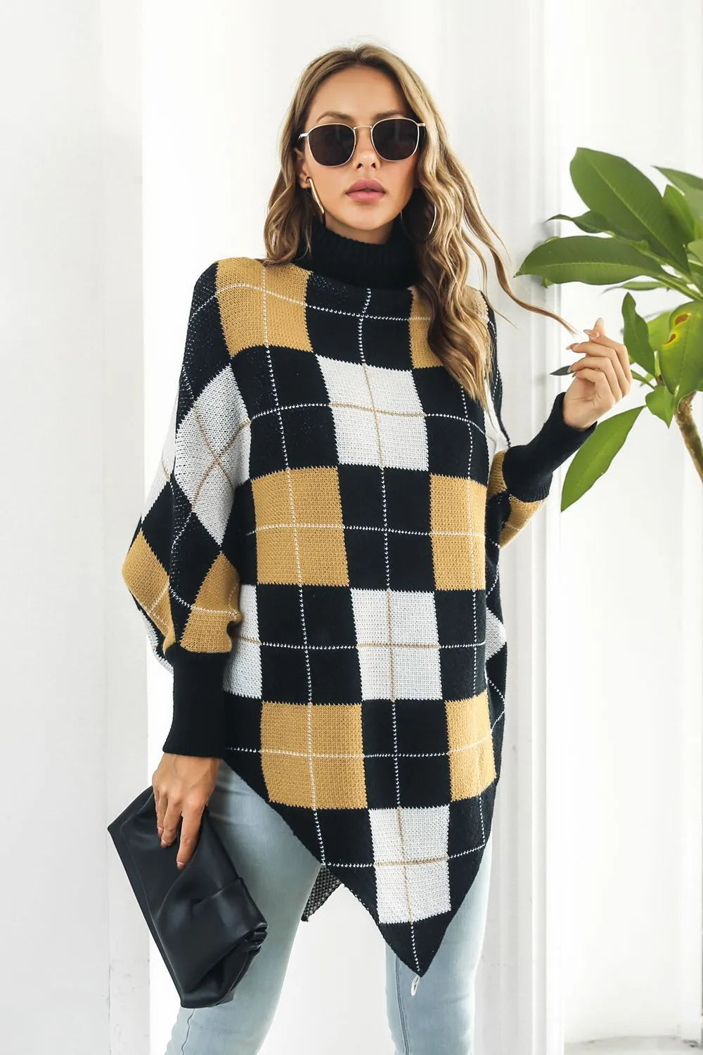 Plaid Turtleneck Dolman Sleeve Poncho - Wellen Fashion