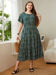 Honey Plus Size Floral Round Neck Short Sleeve Midi Dress - Wellen Fashion