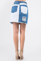 American Bazi Contrast Patched Frayed Denim Distressed Skirts - Wellen Fashion