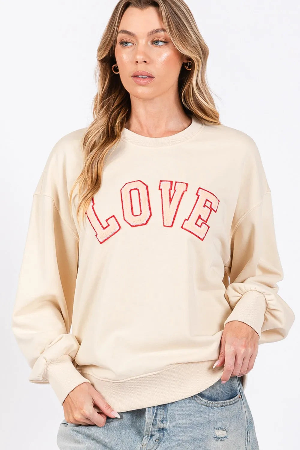 SAGE + FIG LOVE Path Applique Drop Shoulder Sweatshirt - Wellen Fashion