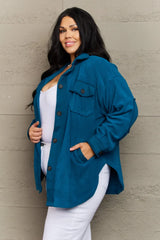 Zenana Cozy in the Cabin Full Size Fleece Elbow Patch Shacket in Teal - Wellen Fashion