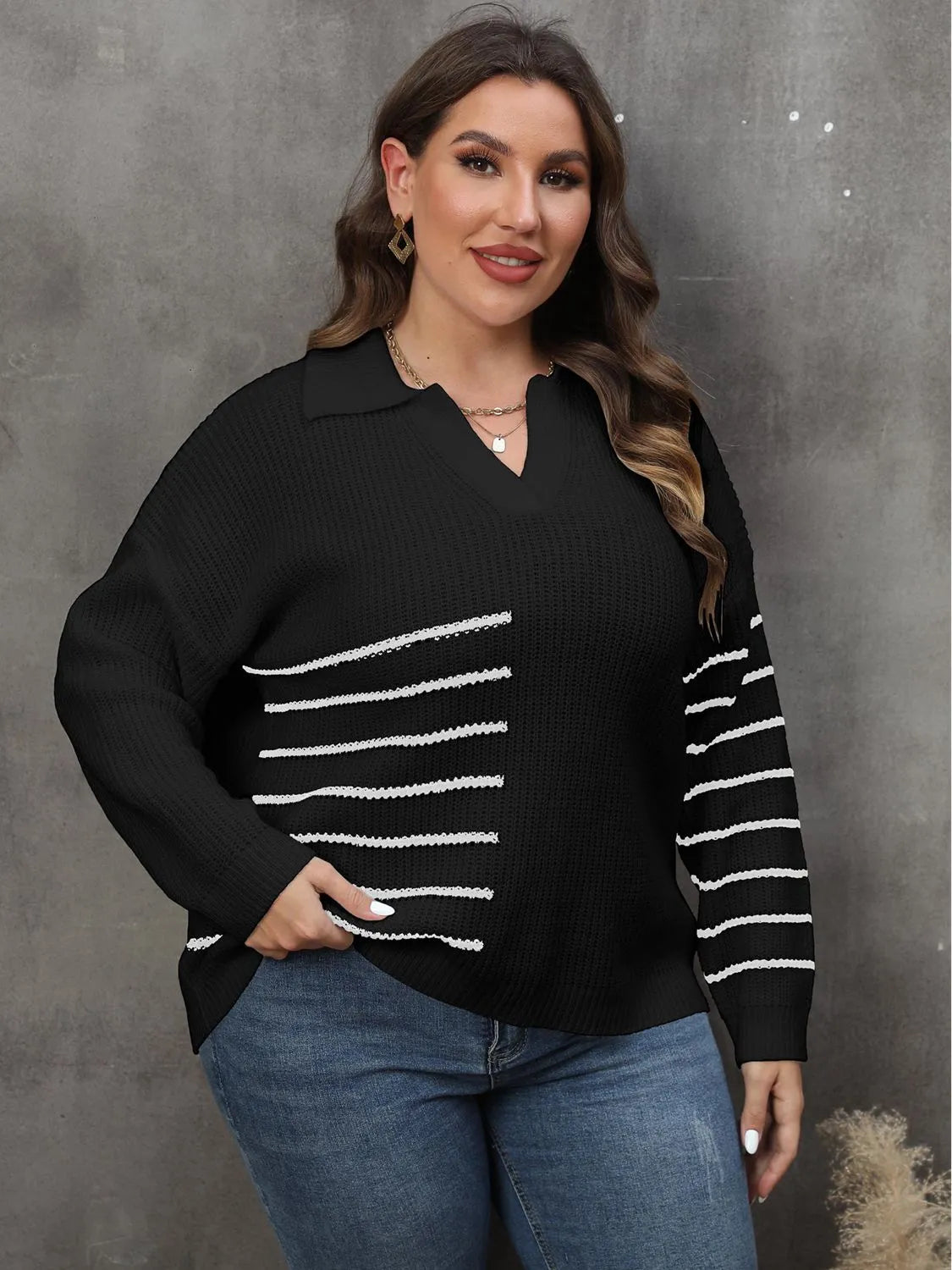 Plus Size Striped V-Neck Sweater - Wellen Fashion