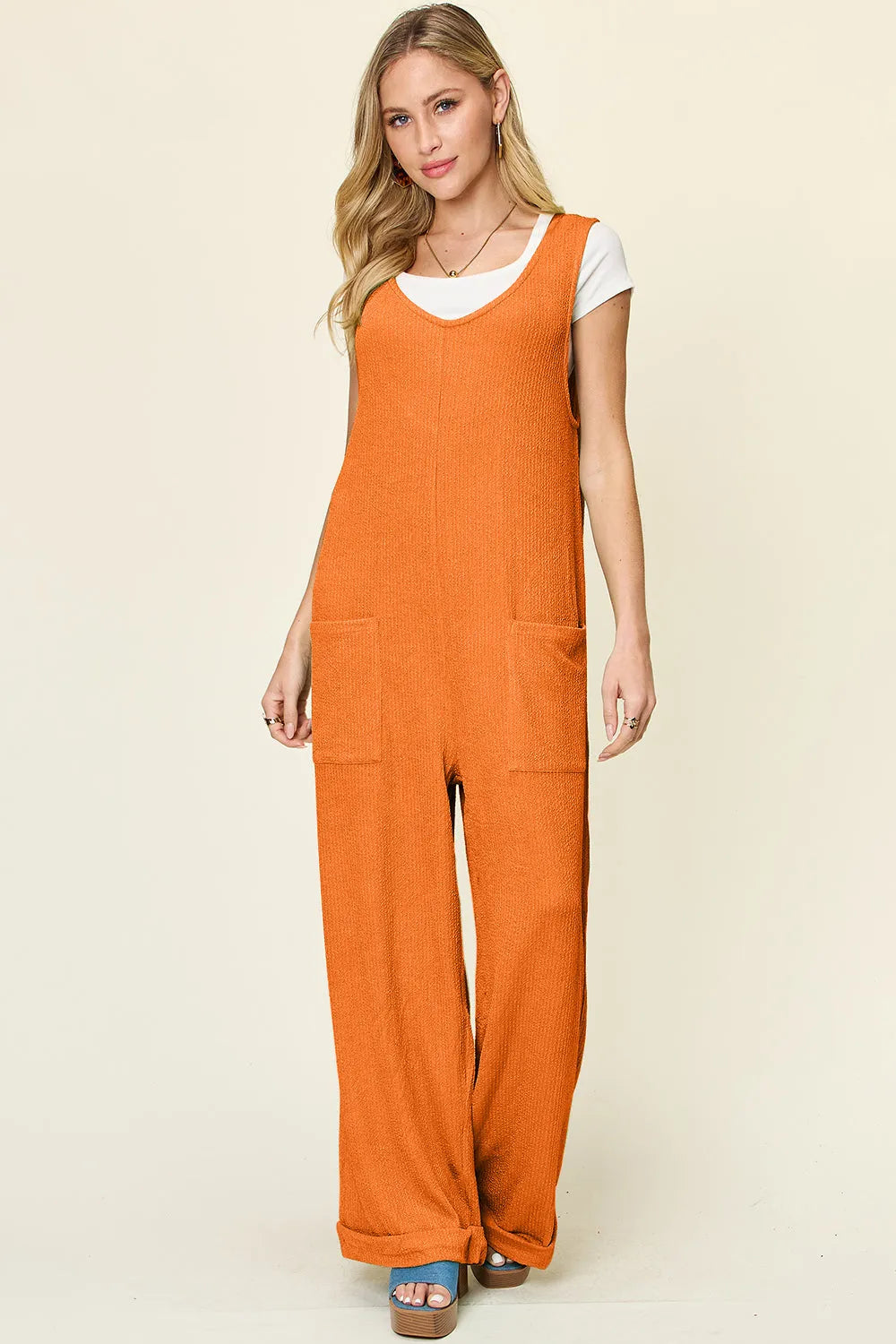 Double Take Full Size Texture Sleeveless Wide Leg Jumpsuit - Wellen Fashion