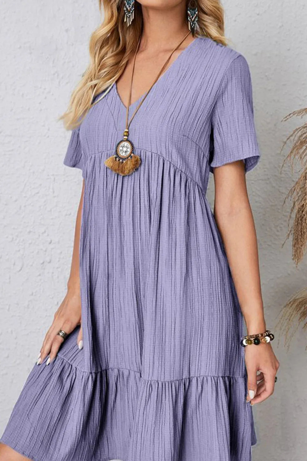 Full Size Ruched V-Neck Short Sleeve Dress - Wellen Fashion