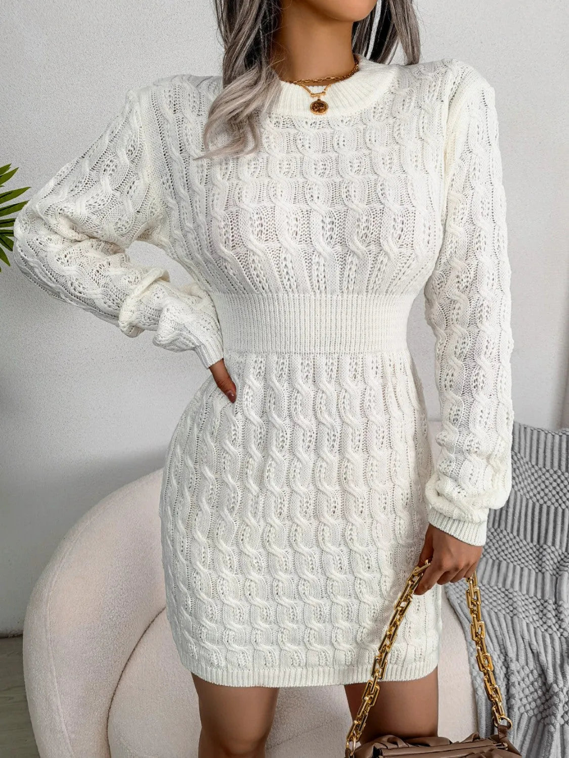 Cable-Knit Round Neck Mini Wrap Sweater Dress - Wellen Fashion