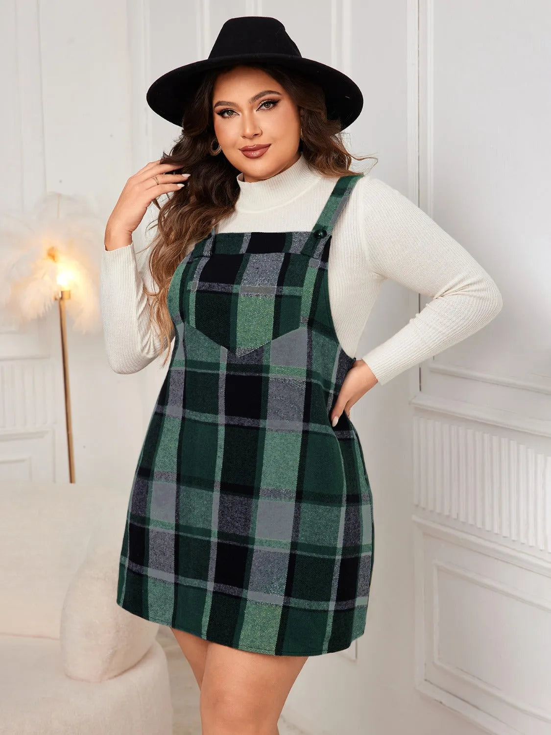 Honey Plus Size Plaid Wide Strap Overall Dress - Wellen Fashion