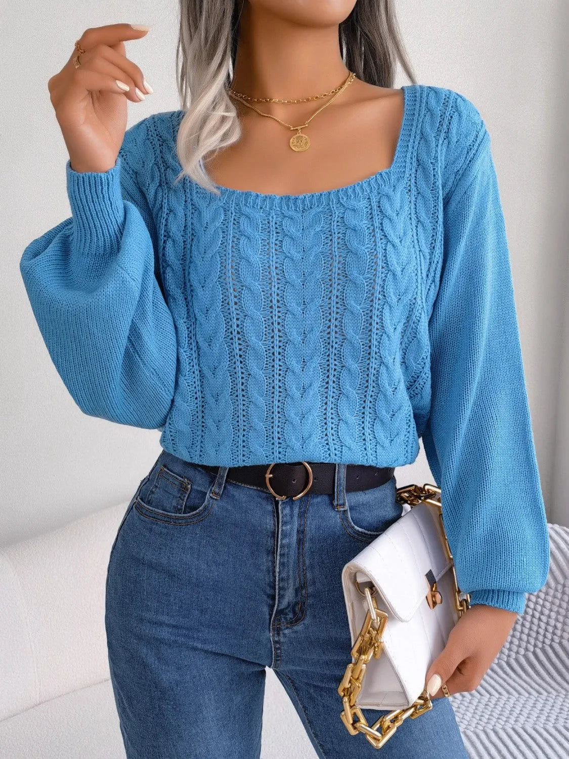 Cable-Knit Square Neck Long Sleeve Sweater - Wellen Fashion