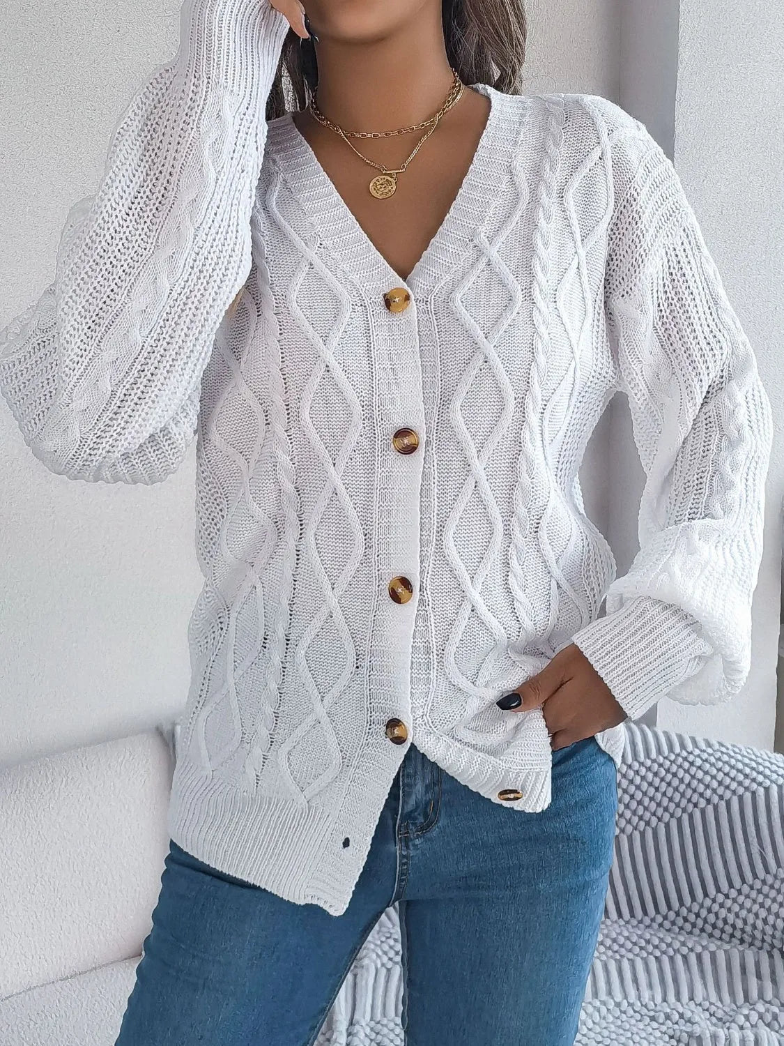 Cable-Knit Long Sleeve Cardigan - Wellen Fashion