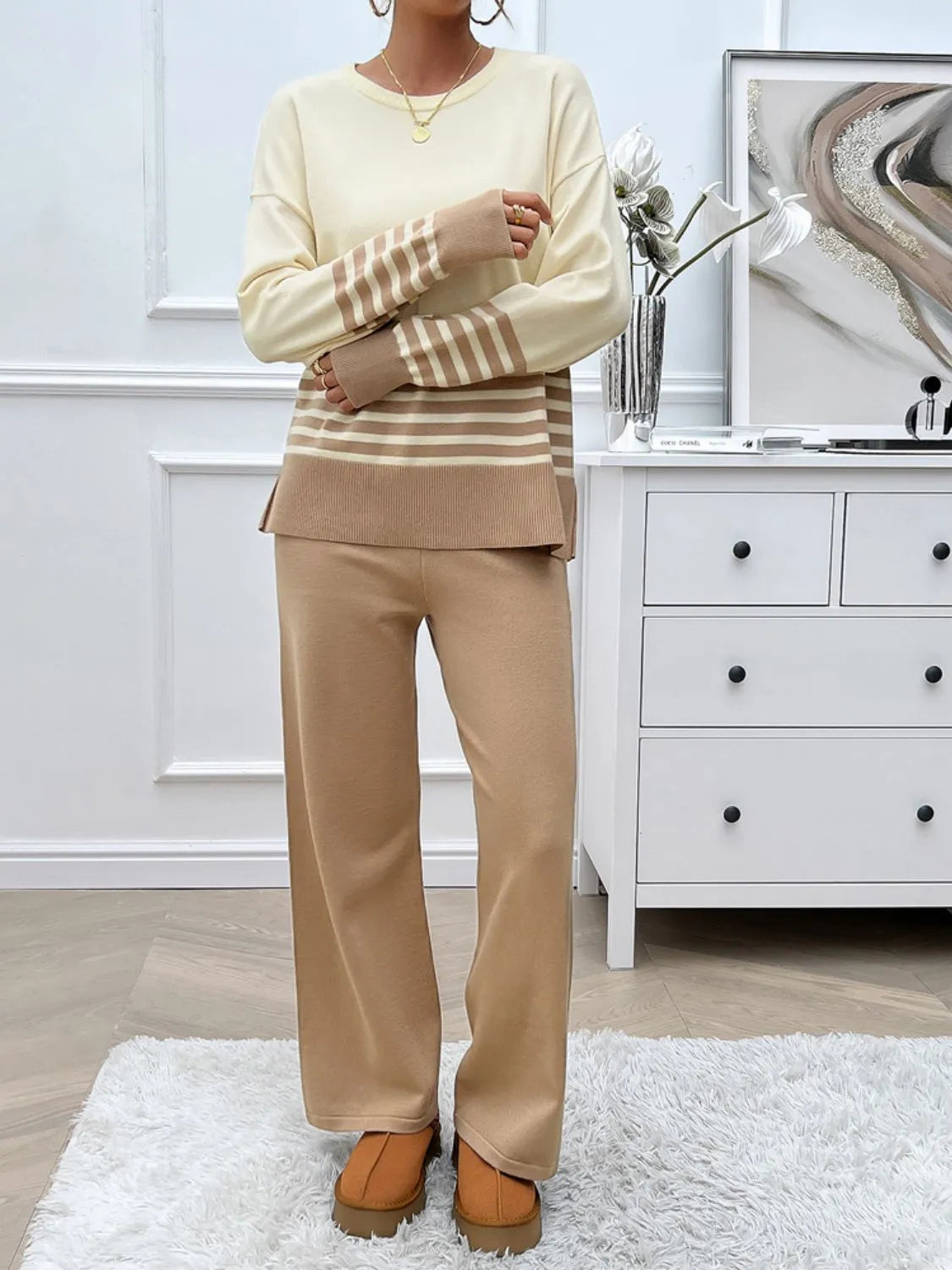 Devine Slit Striped Round Neck Top and Pants Sweater Set - Wellen Fashion