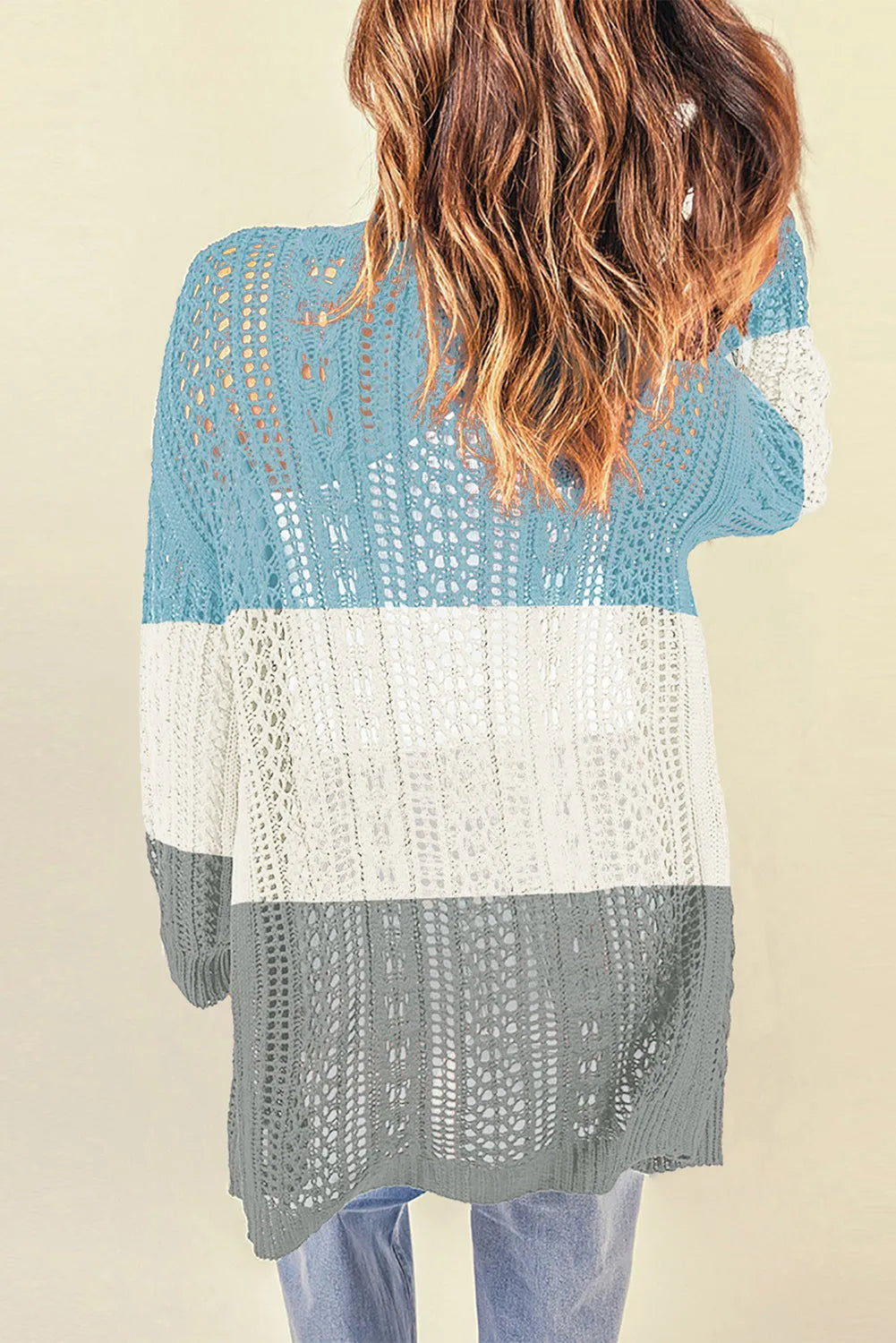 Double Take Openwork Ribbed Cuff Longline Cardigan - Wellen Fashion