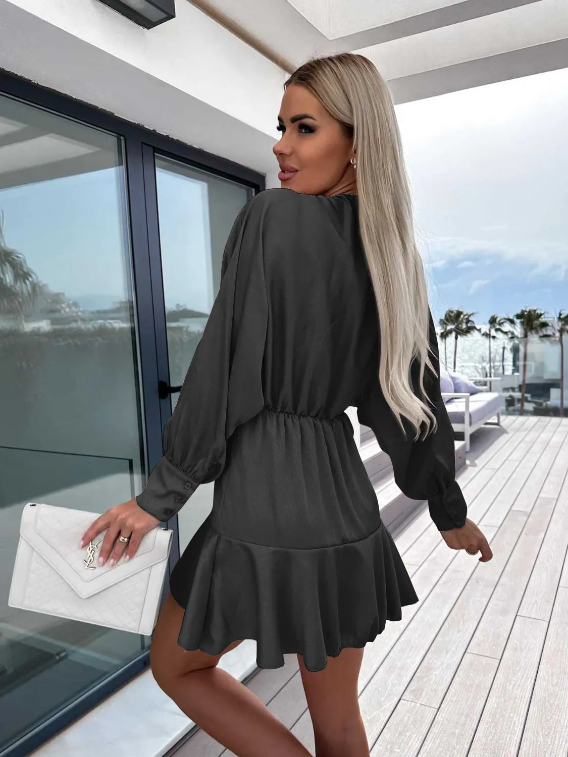 Surplice Ruffle Hem Lantern Sleeve Mini Dress - Wellen Fashion