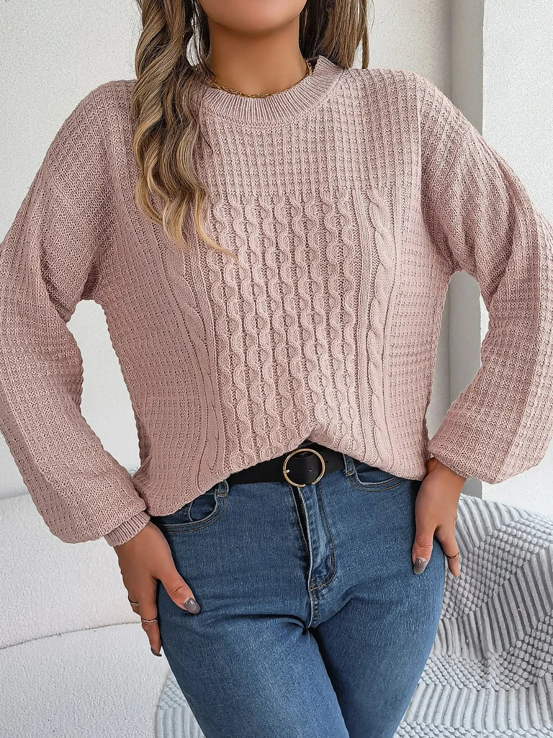 Cable-Knit Round Neck Long Sleeve Sweater - Wellen Fashion