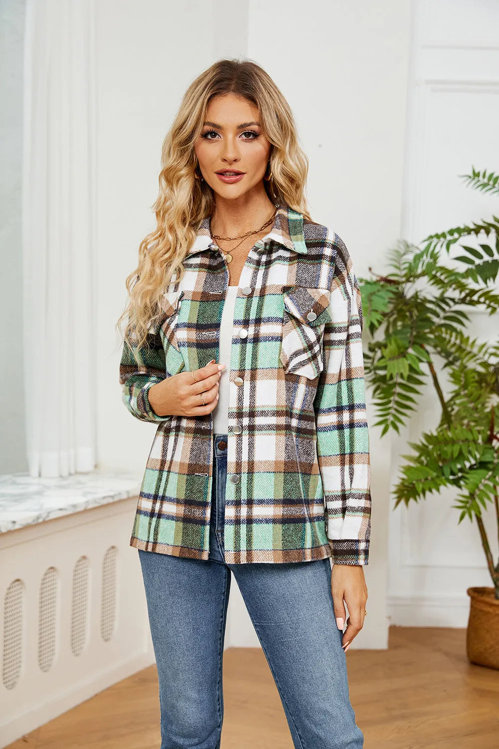 Collared Plaid Shacket - Wellen Fashion