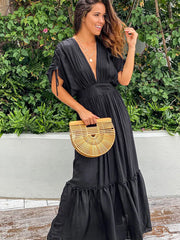 Plunge Neck Tie Sleeve Maxi Dress - Wellen Fashion