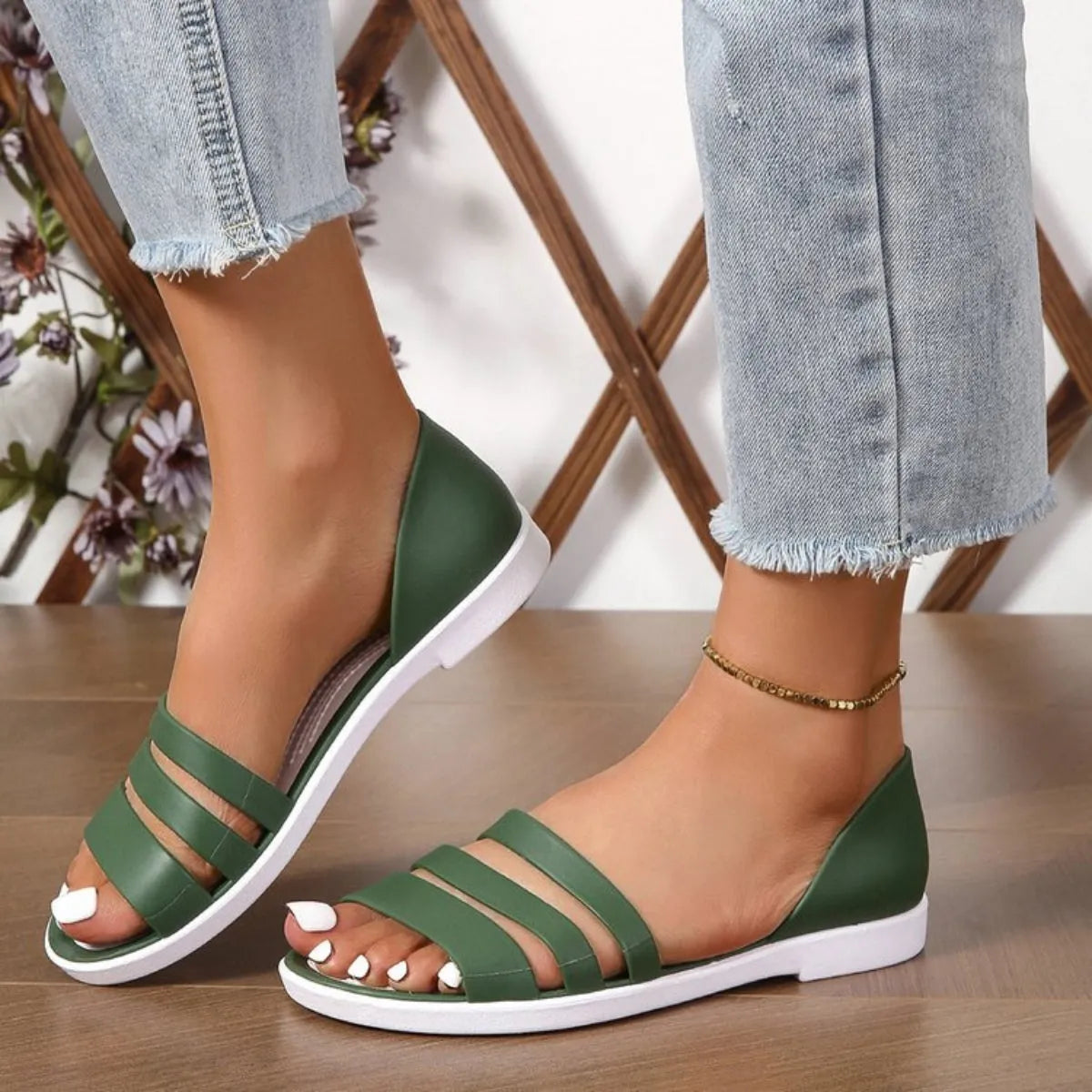 PU Leather Three-Strap Sandals - Wellen Fashion