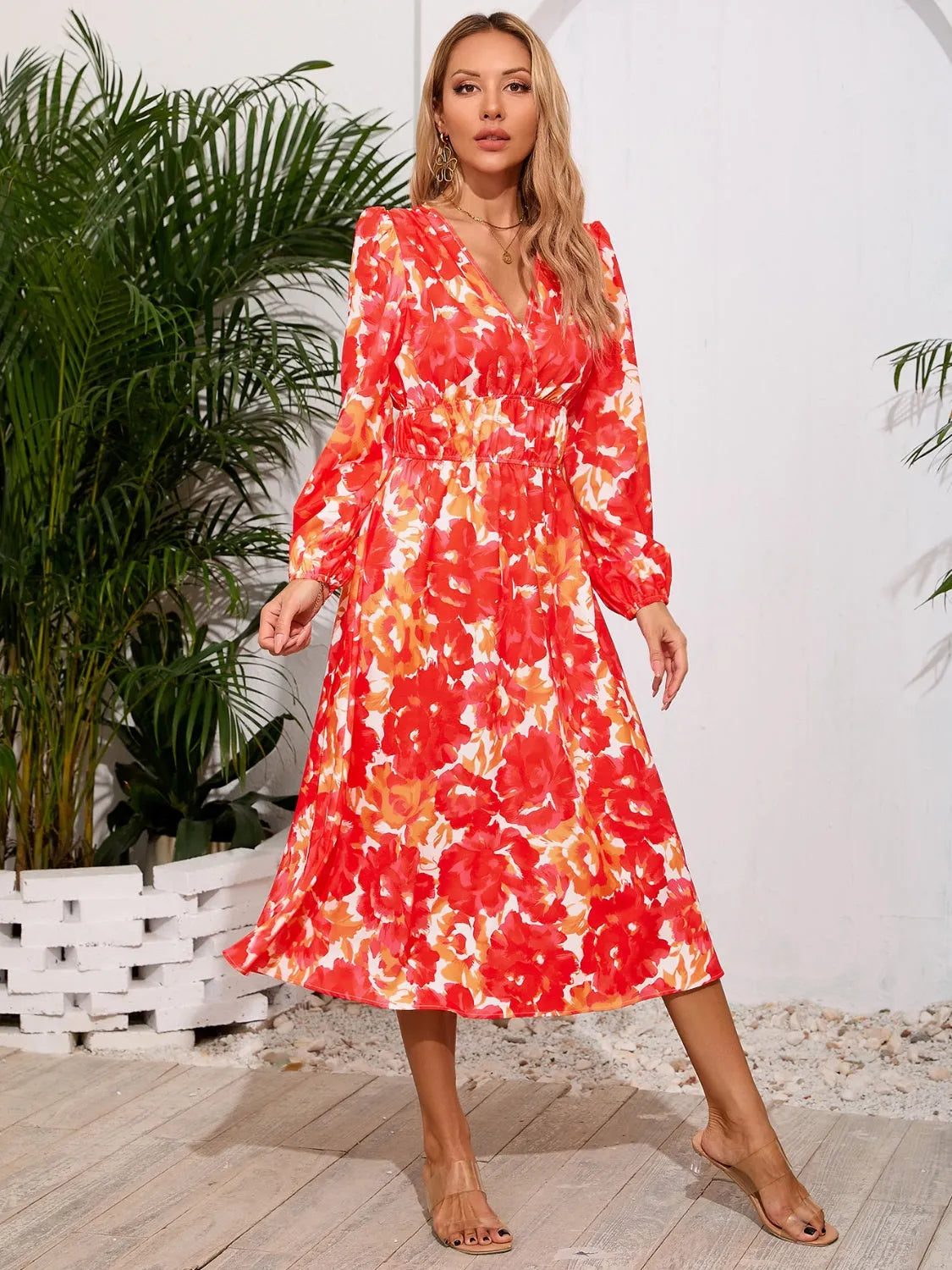 Printed Surplice Long Sleeve Midi Dress - Wellen Fashion