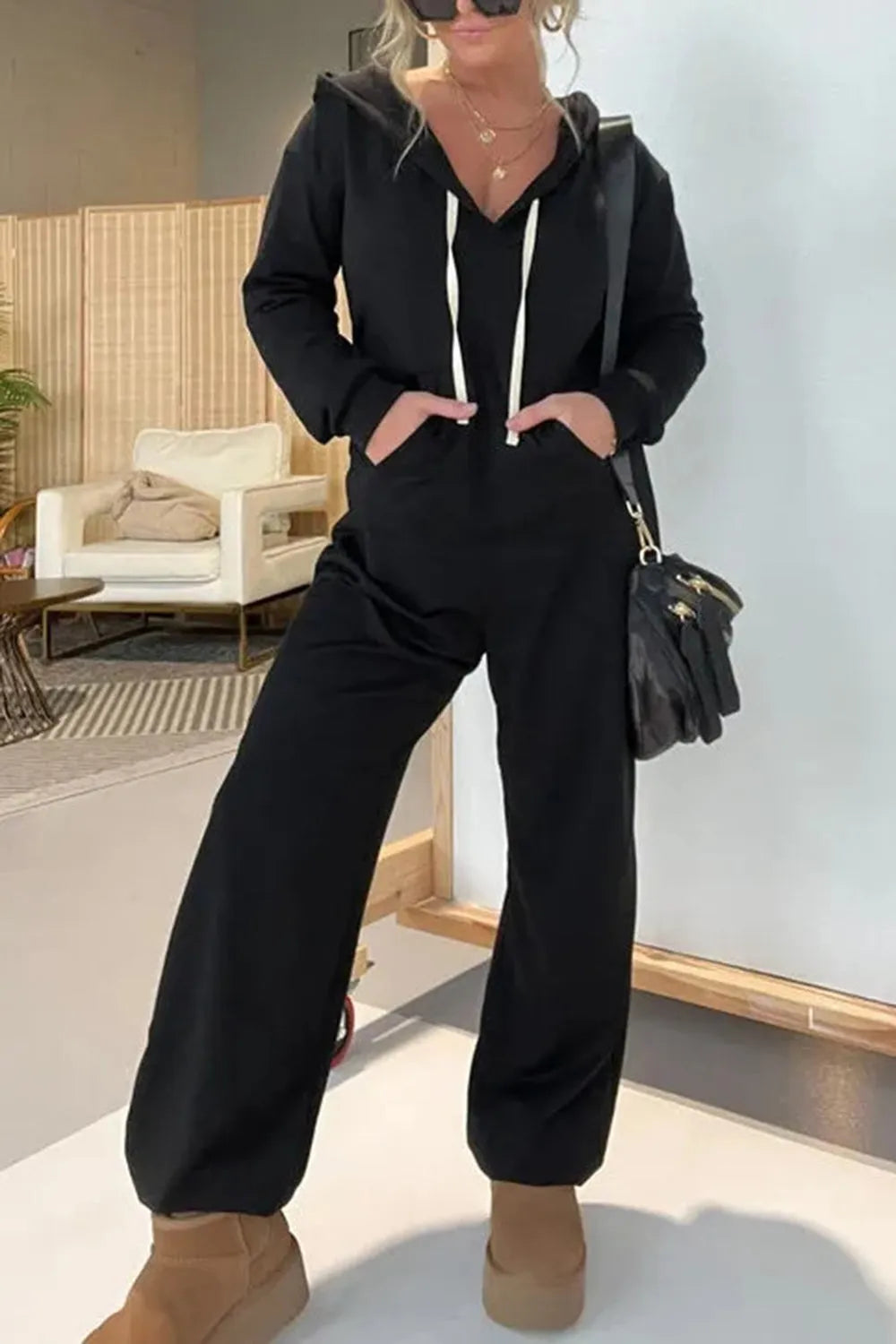 Full Size Drawstring Long Sleeve Jumpsuit - Wellen Fashion