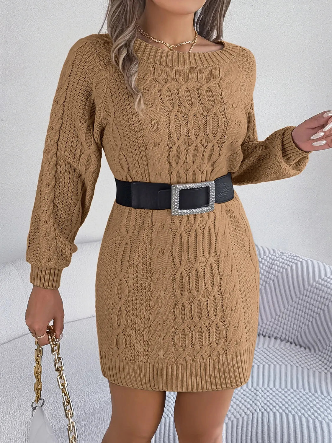 Cable-Knit Round Neck Sweater Dress - Wellen Fashion