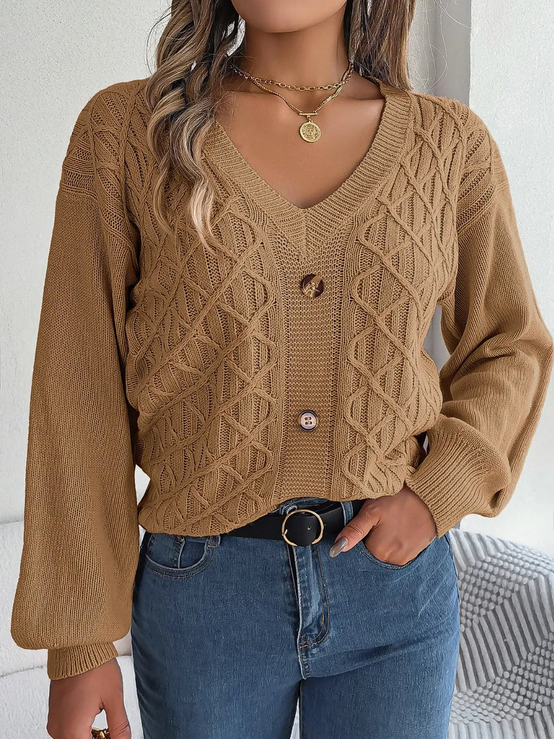 Cable-Knit V-Neck Lantern Sleeve Sweater - Wellen Fashion