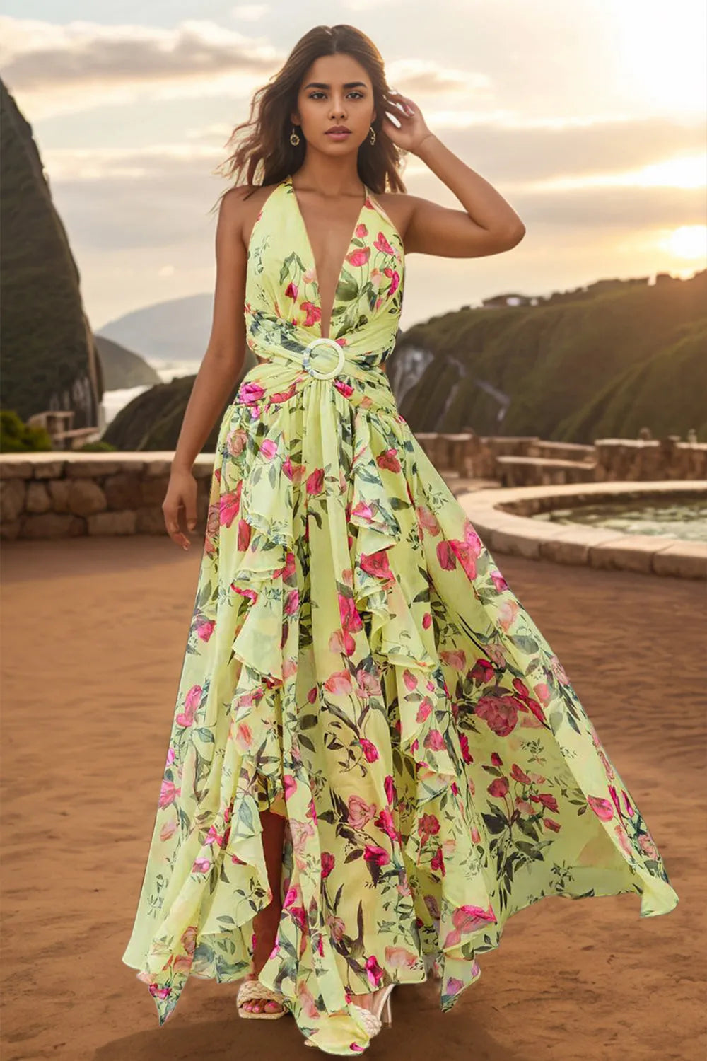 Backless Printed Plunge Sleeveless Dress - Wellen Fashion