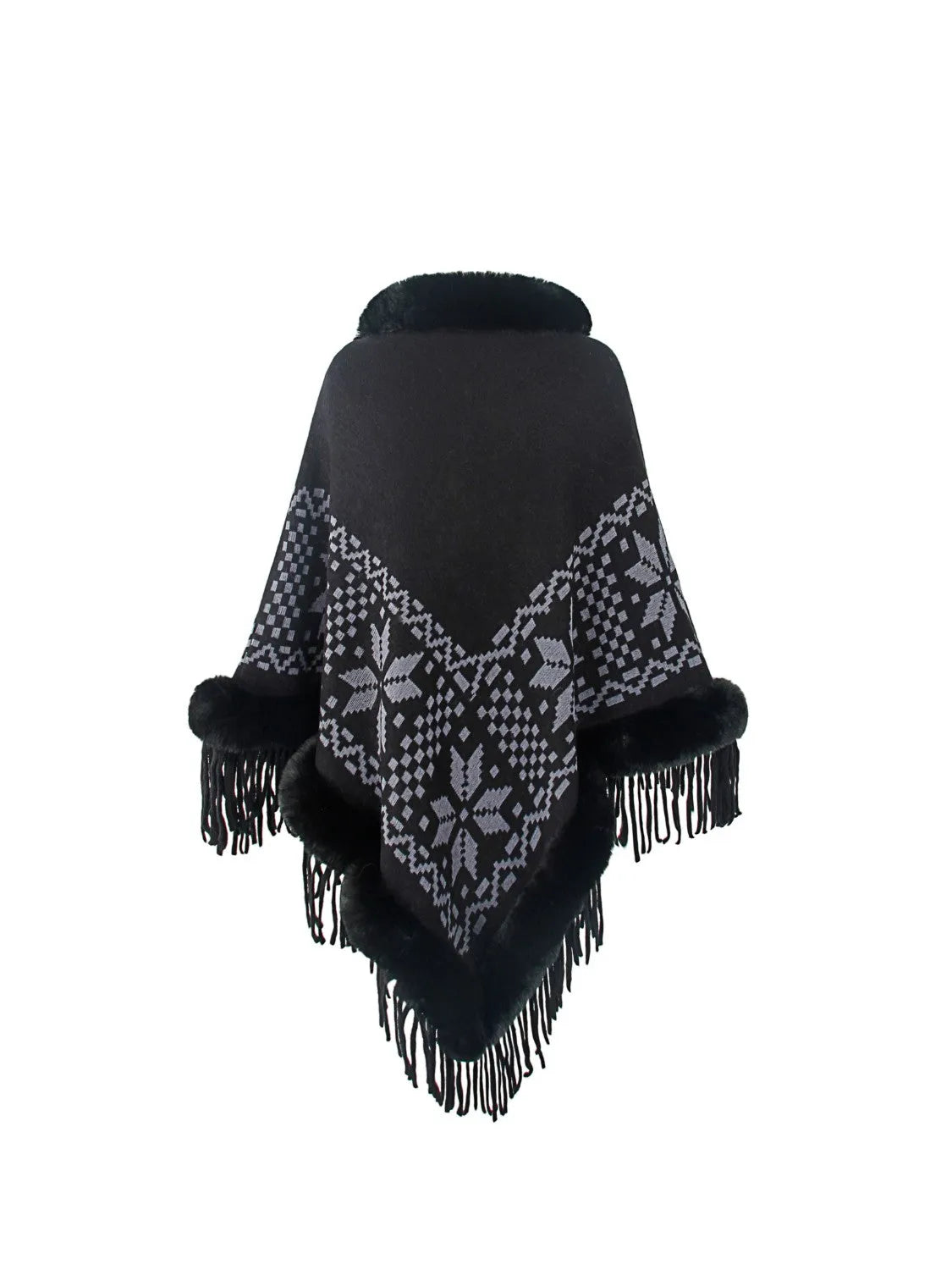 Fringe Geometric Cape Sleeve Poncho - Wellen Fashion