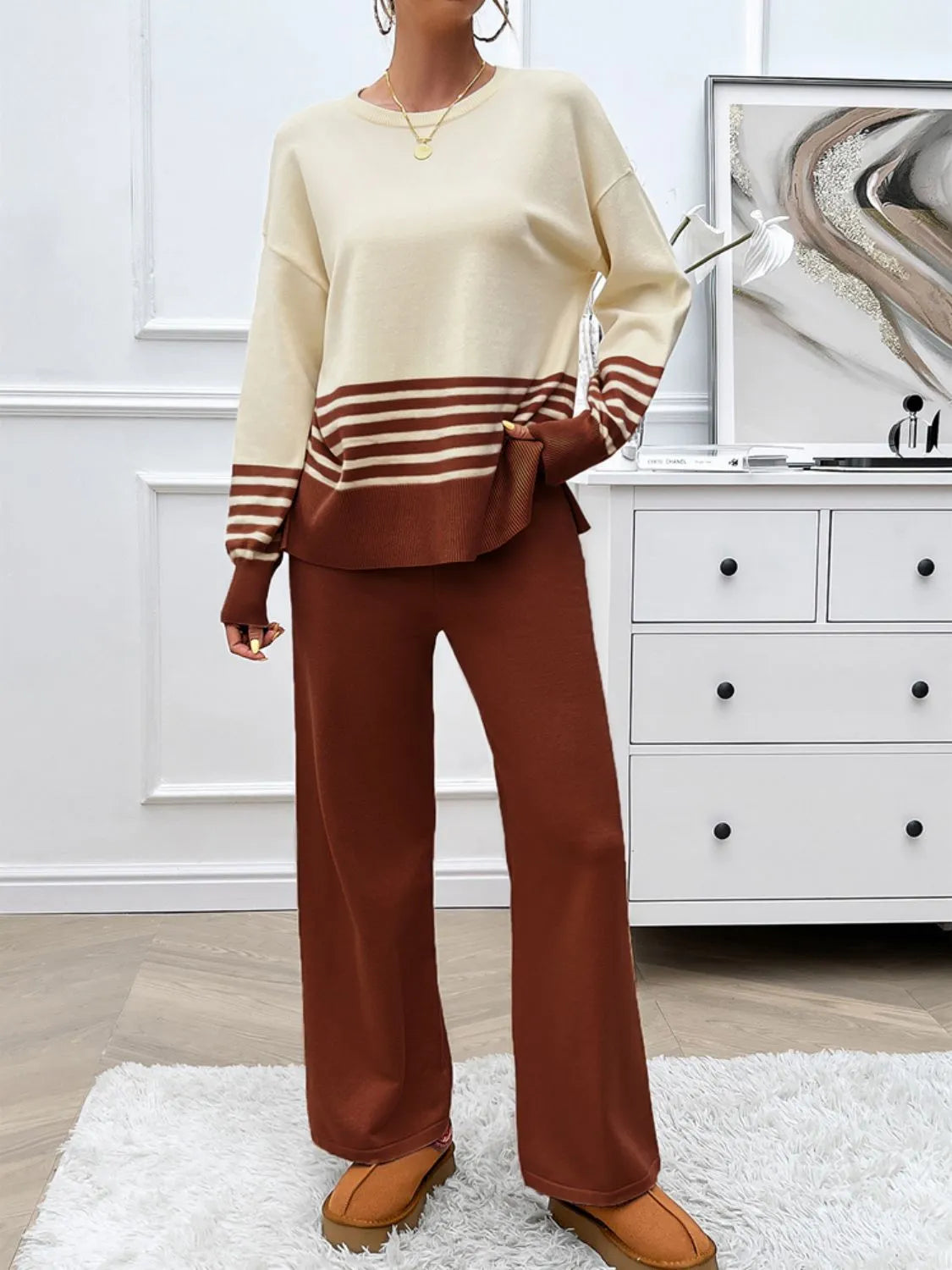 Devine Slit Striped Round Neck Top and Pants Sweater Set - Wellen Fashion