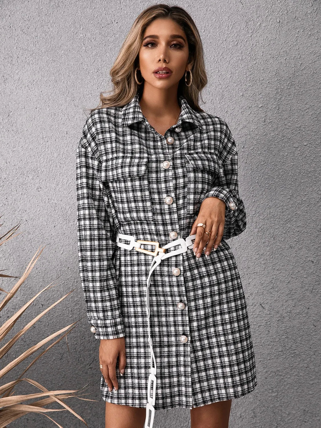 Pocketed Plaid Long Sleeve Mini Dress - Wellen Fashion