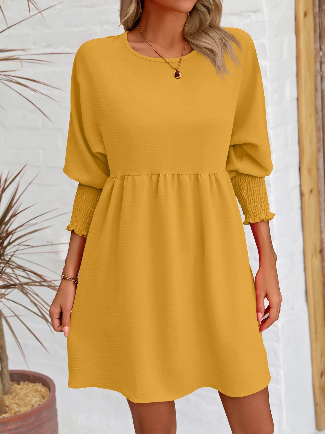 Round Neck Lantern Sleeve Mini Dress - Wellen Fashion