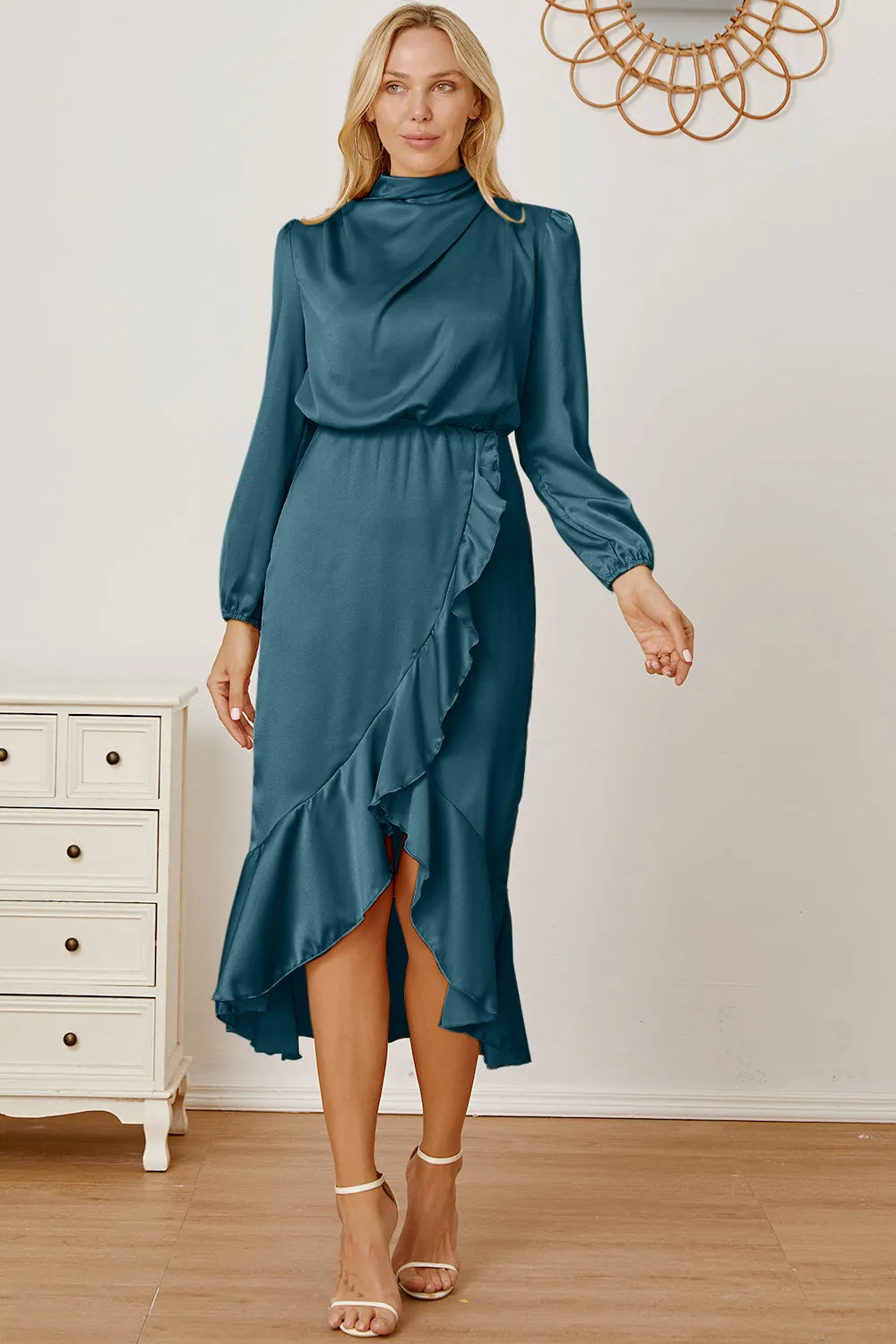 Mock Neck Ruffled Asymmetrical Dress - Wellen Fashion