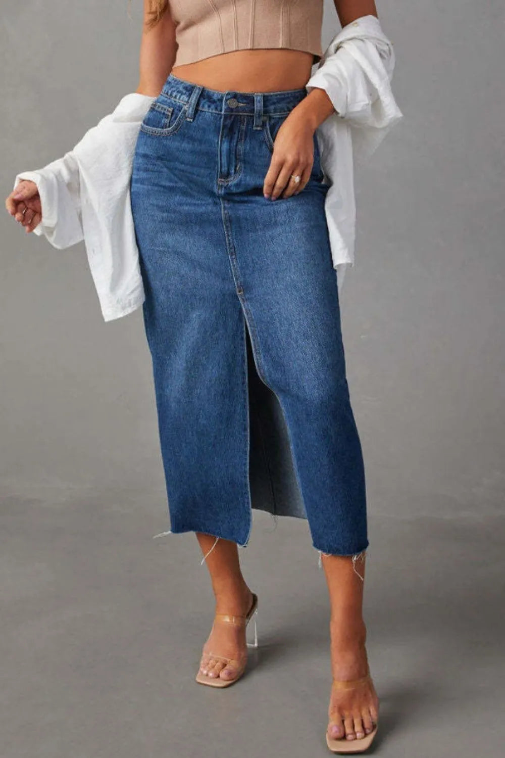 Slit Raw Hem Midi Denim Skirt - Wellen Fashion