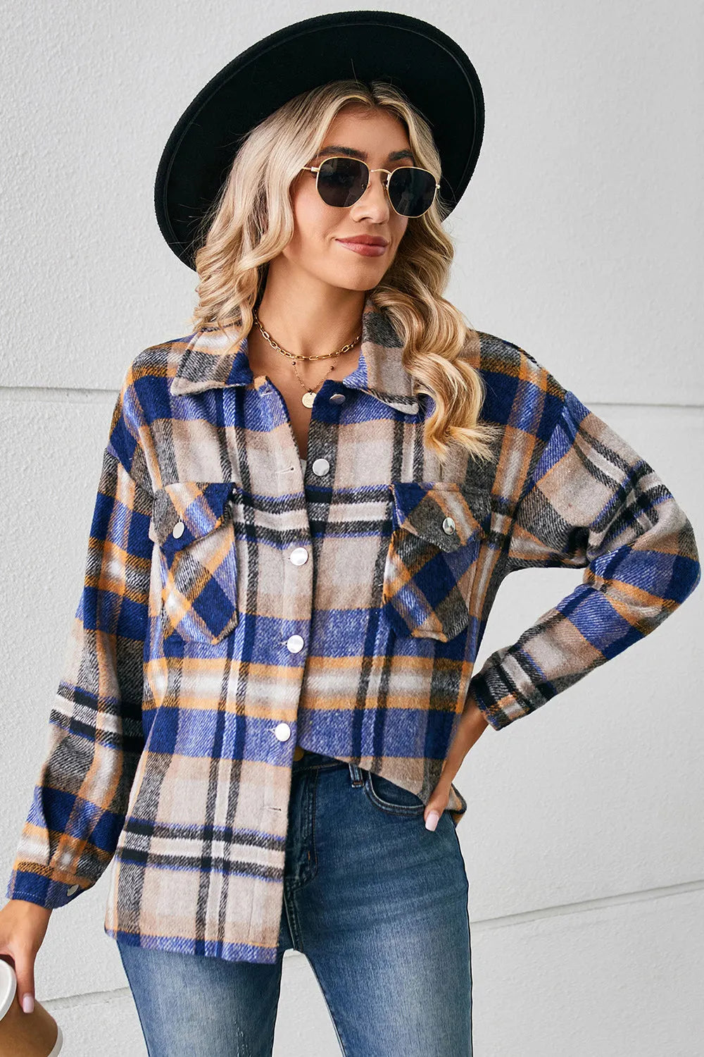 Collared Plaid Shacket - Wellen Fashion