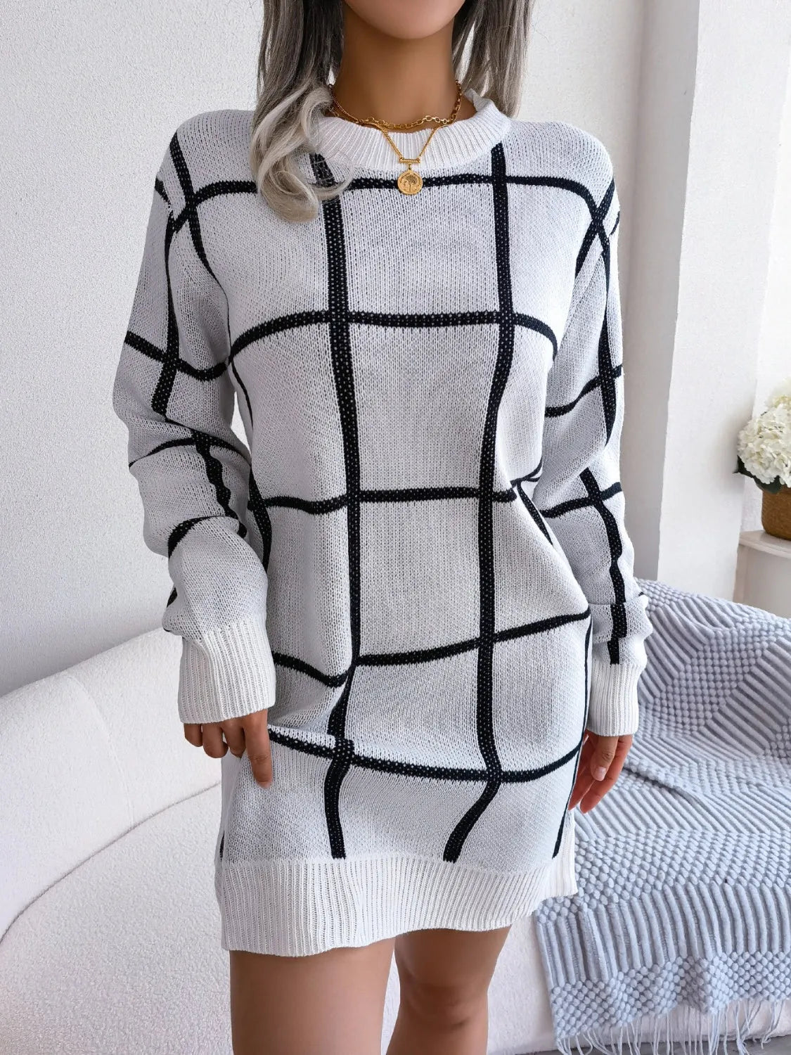 Plaid Round Neck Dropped Shoulder Sweater Dress - Wellen Fashion