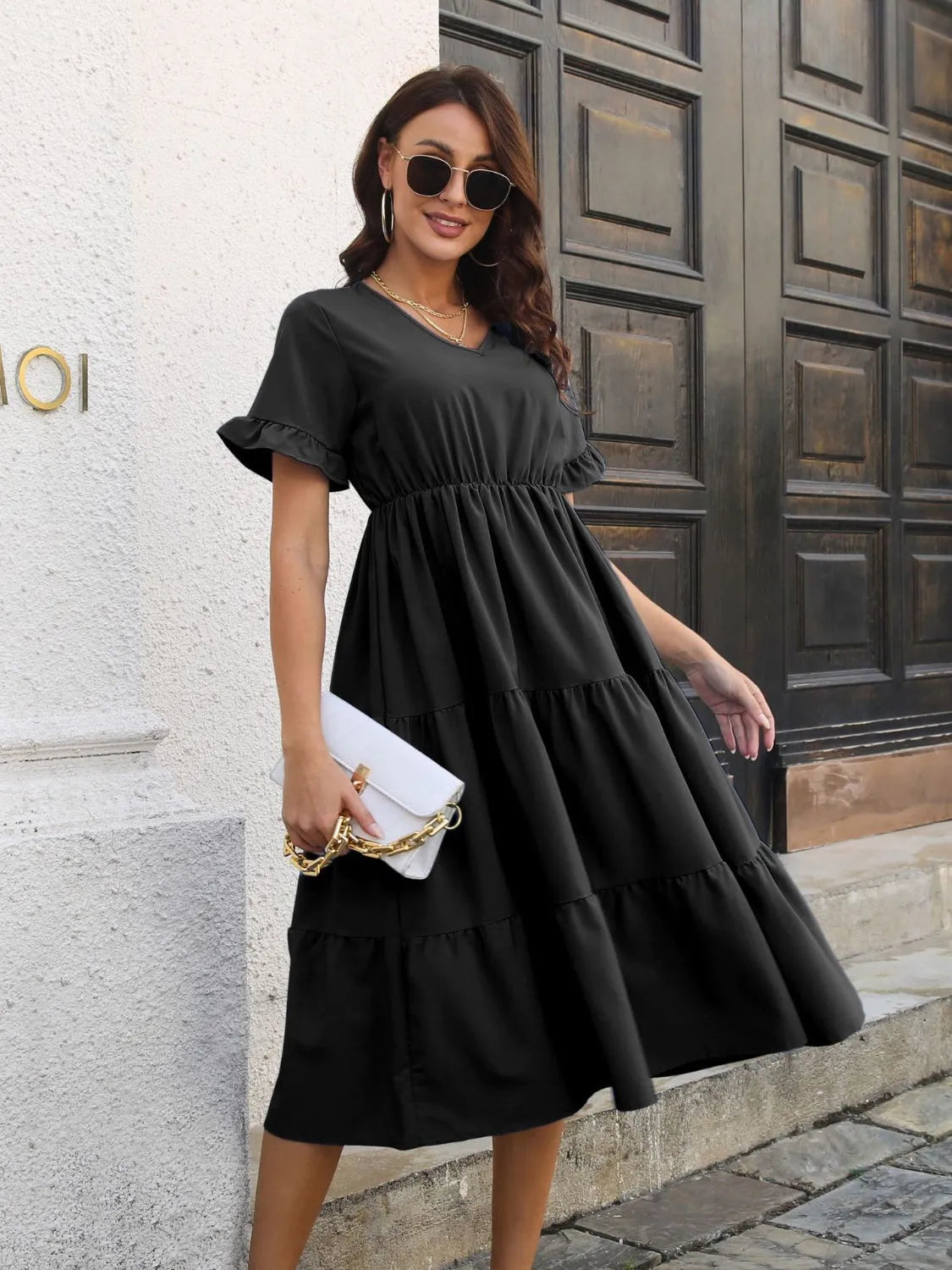 V-Neck Short Sleeve Midi Dress - Wellen Fashion