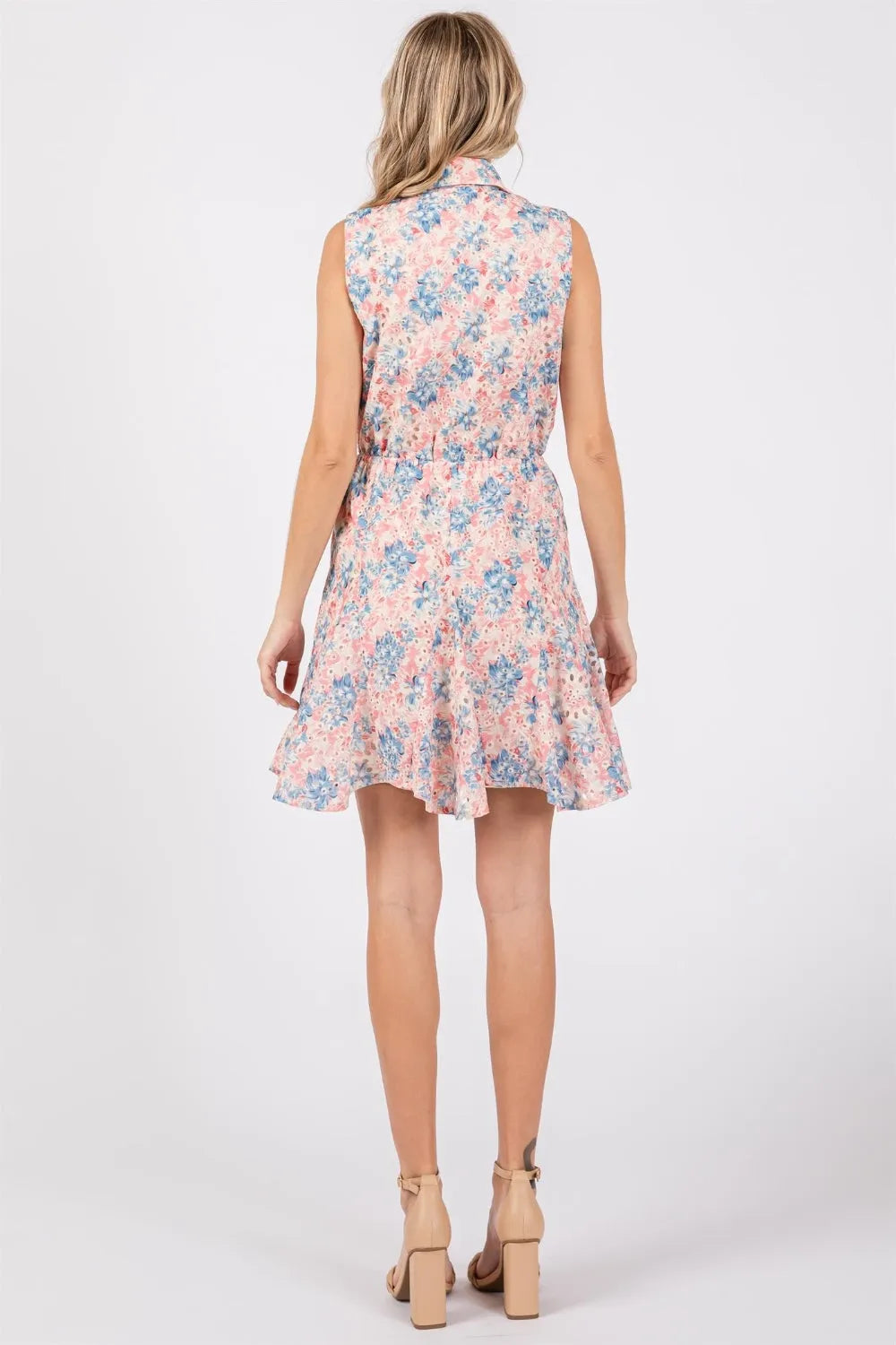 GeeGee Full Size Floral Eyelet Sleeveless Mini Dress - Wellen Fashion