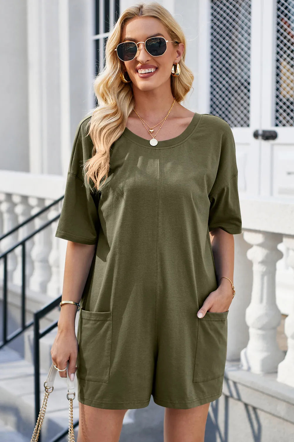 Backless Round Neck Half Sleeve Romper - Wellen Fashion