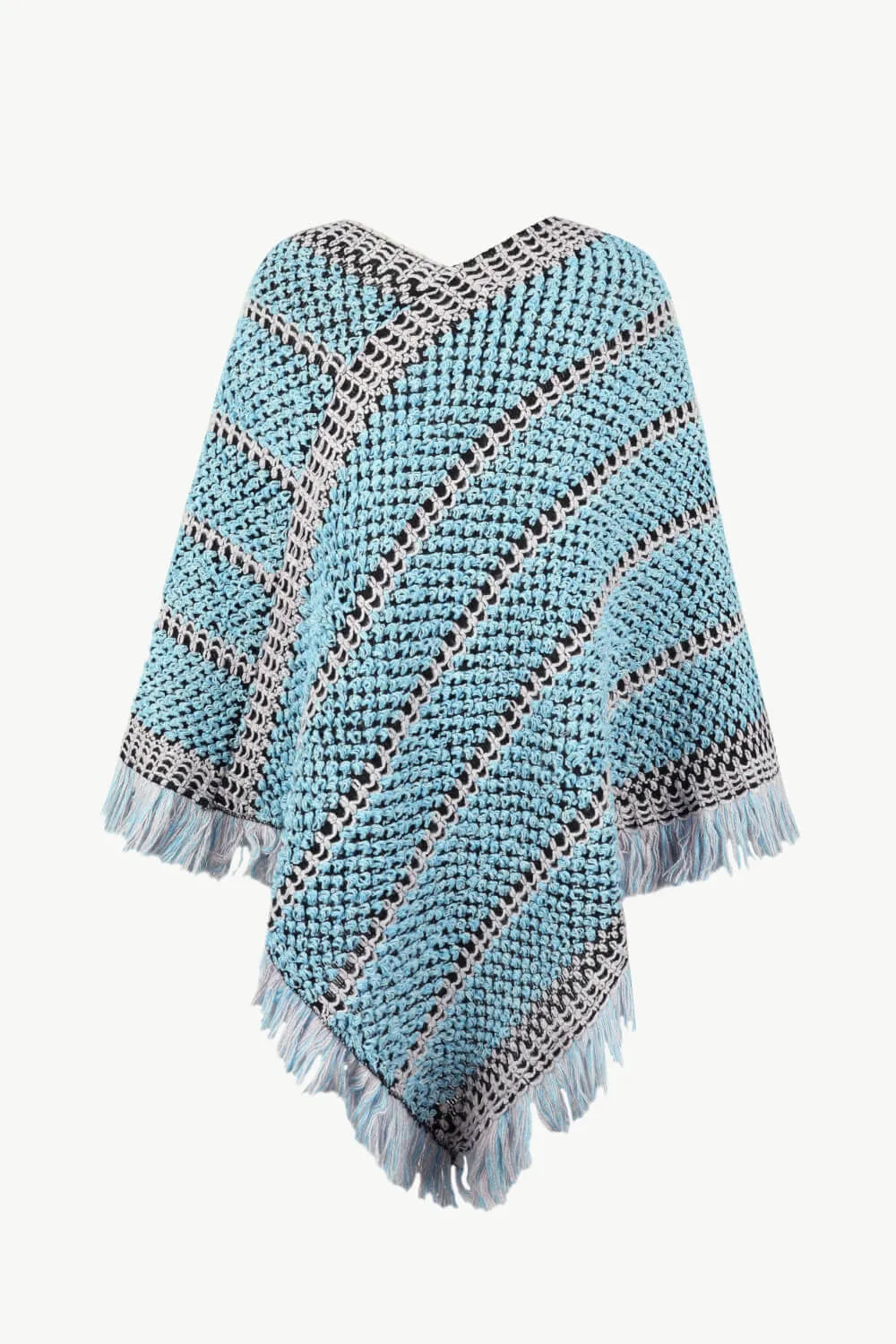 V-Neck Fringe Hem Poncho - Wellen Fashion