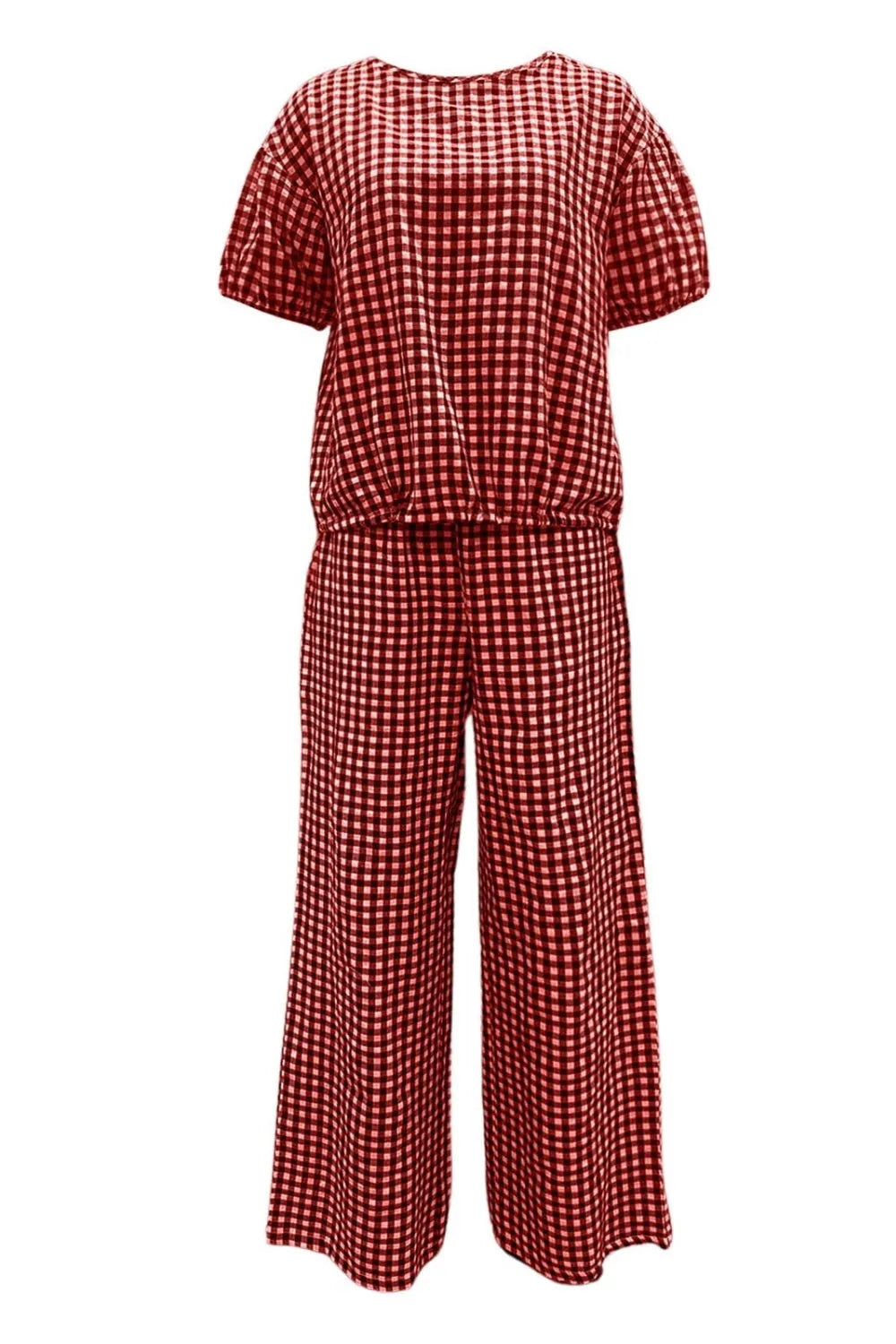 Full Size Plaid Round Neck Half Sleeve Top and Pants Set - Wellen Fashion