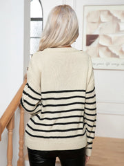 Striped Round Neck Cable-Knit Sweater - Wellen Fashion