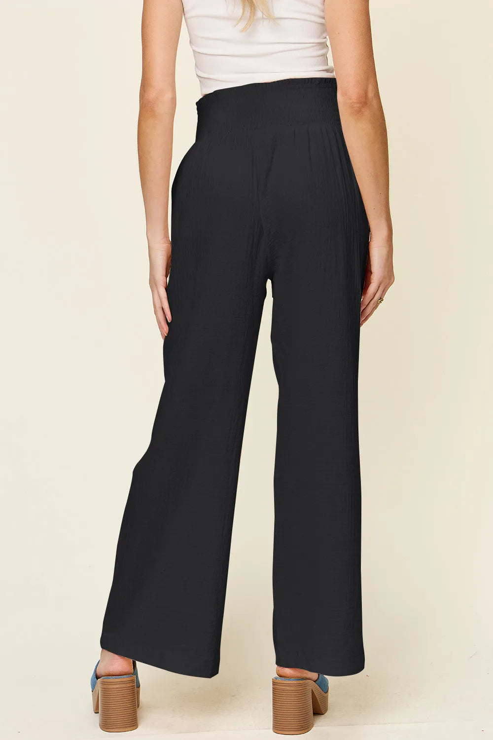 Double Take Full Size Texture Smocked Waist Wide Leg Pants - Wellen Fashion