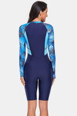 Printed Half Zip Long Sleeve One-Piece Swimwear - Wellen Fashion