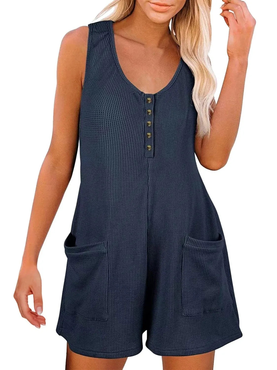 Full Size Pocketed Scoop Neck Sleeveless Romper - Wellen Fashion