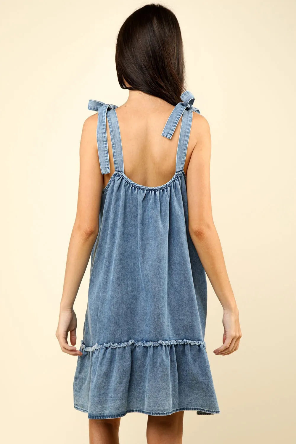 VERY J Shoulder Tie Washed Denim Mini Dress - Wellen Fashion