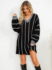 Striped V-Neck Long Sleeve Mini Dress - Wellen Fashion