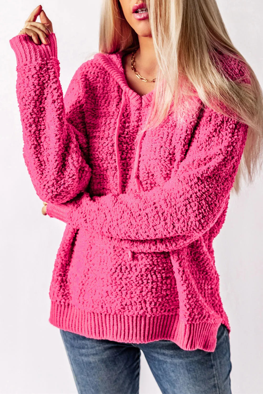 Popcorn Knit Slit Hooded Sweater - Wellen Fashion