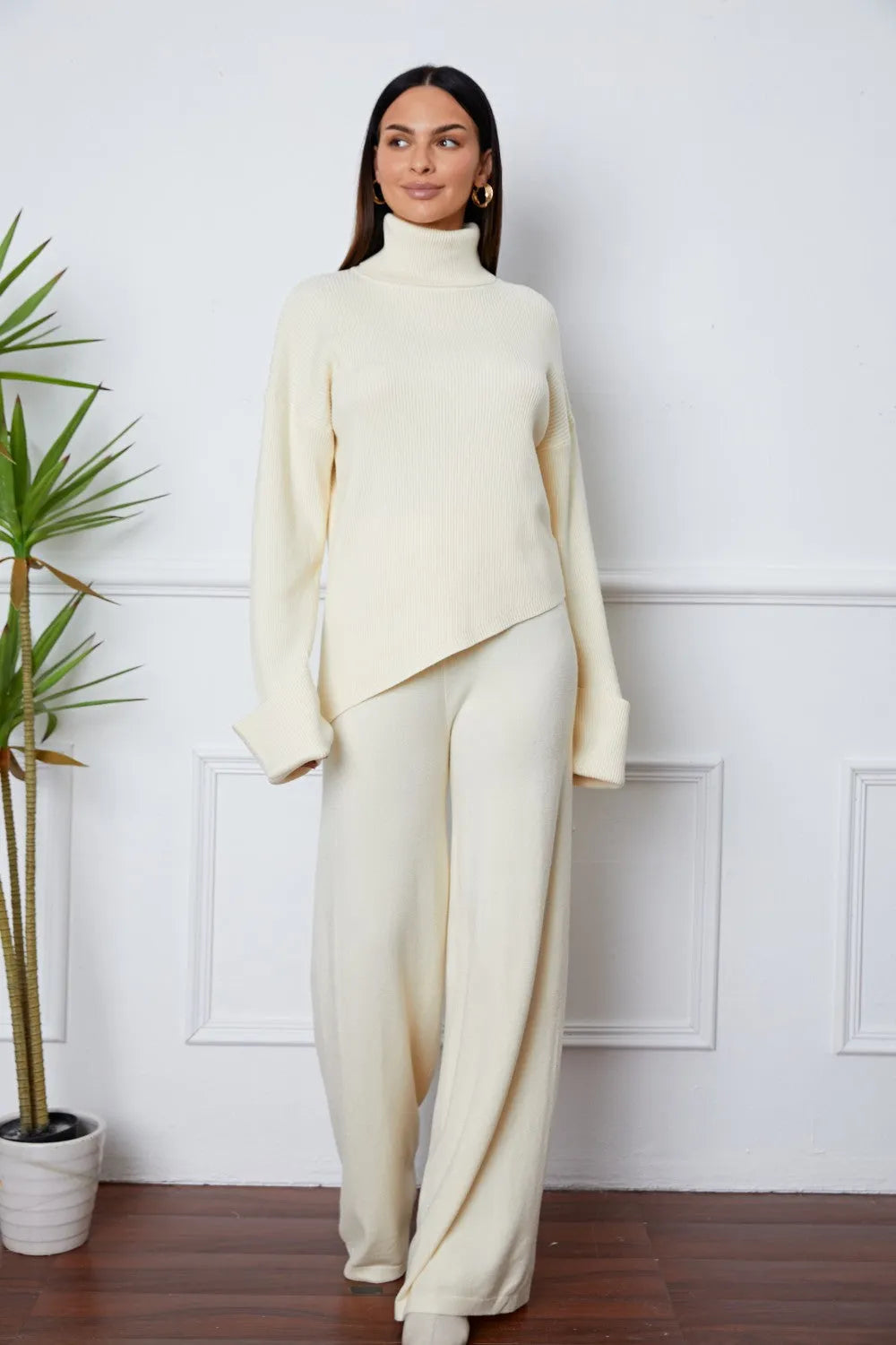 Turtleneck Dropped Shoulder Top and Pants Sweater Set - Wellen Fashion