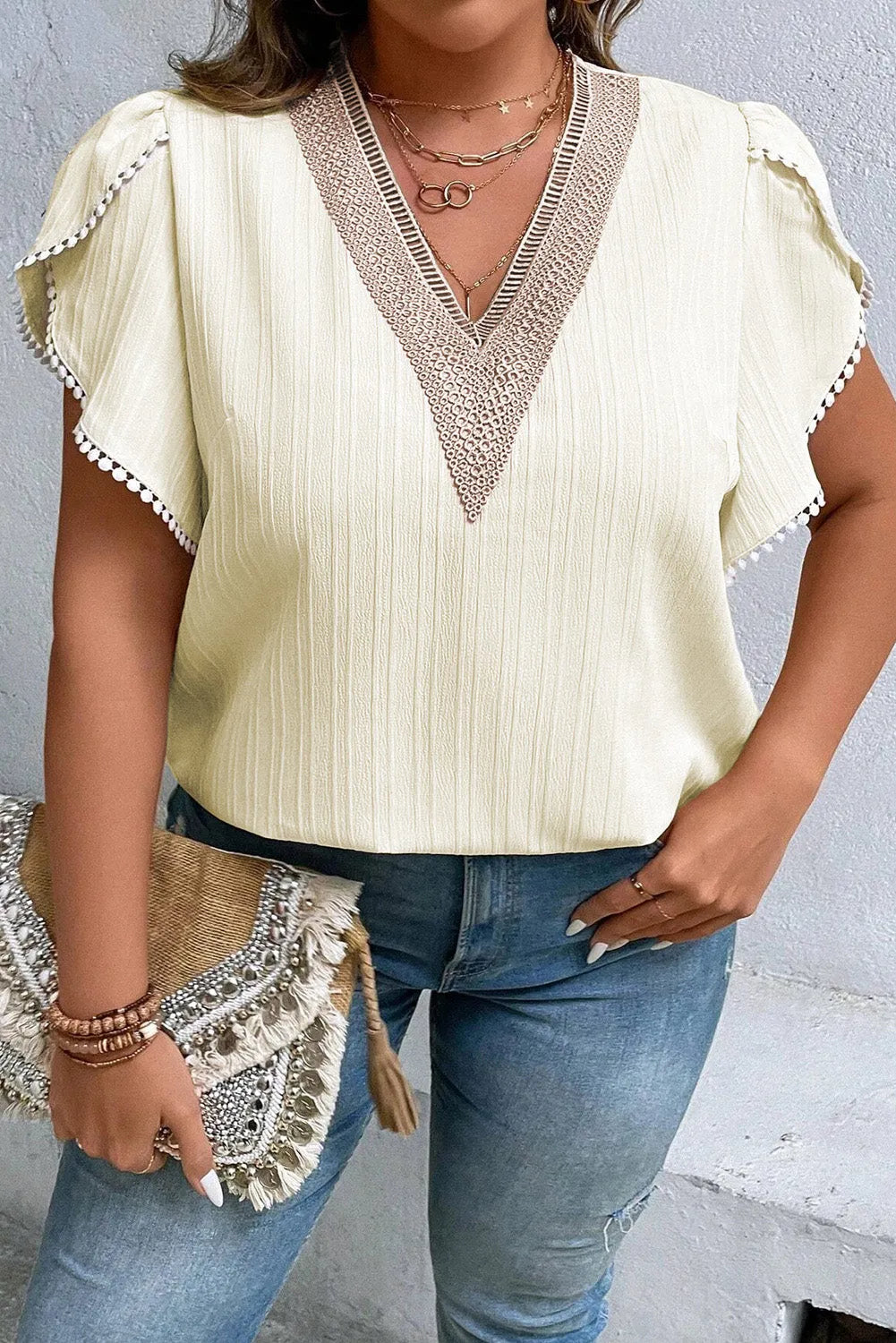 Plus Size V-Neck Petal Sleeve Blouse - Wellen Fashion