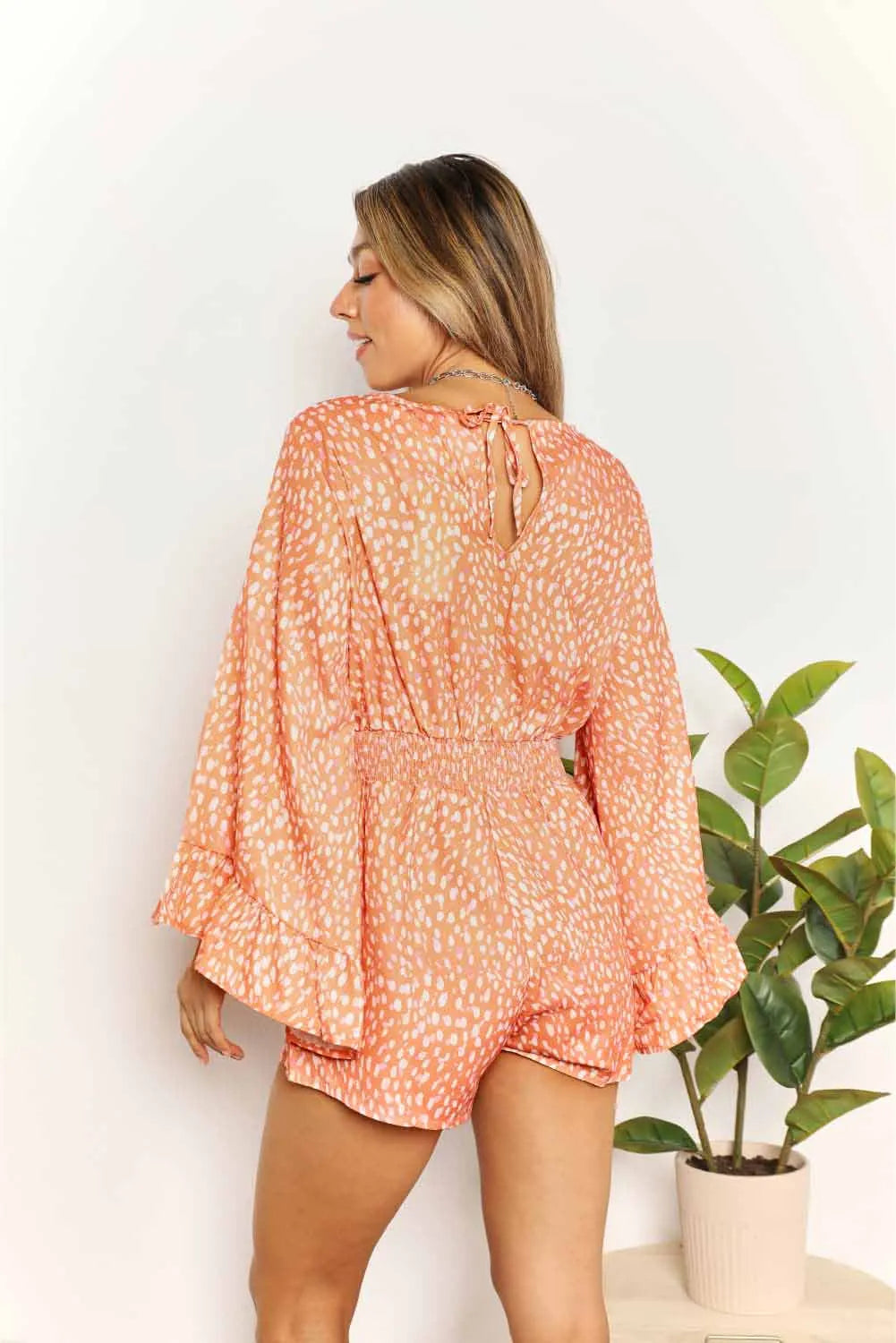 Double Take Printed Flare Sleeve Surplice Romper - Wellen Fashion