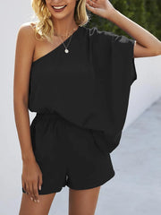 Single Shoulder Batwing Sleeve Romper - Wellen Fashion