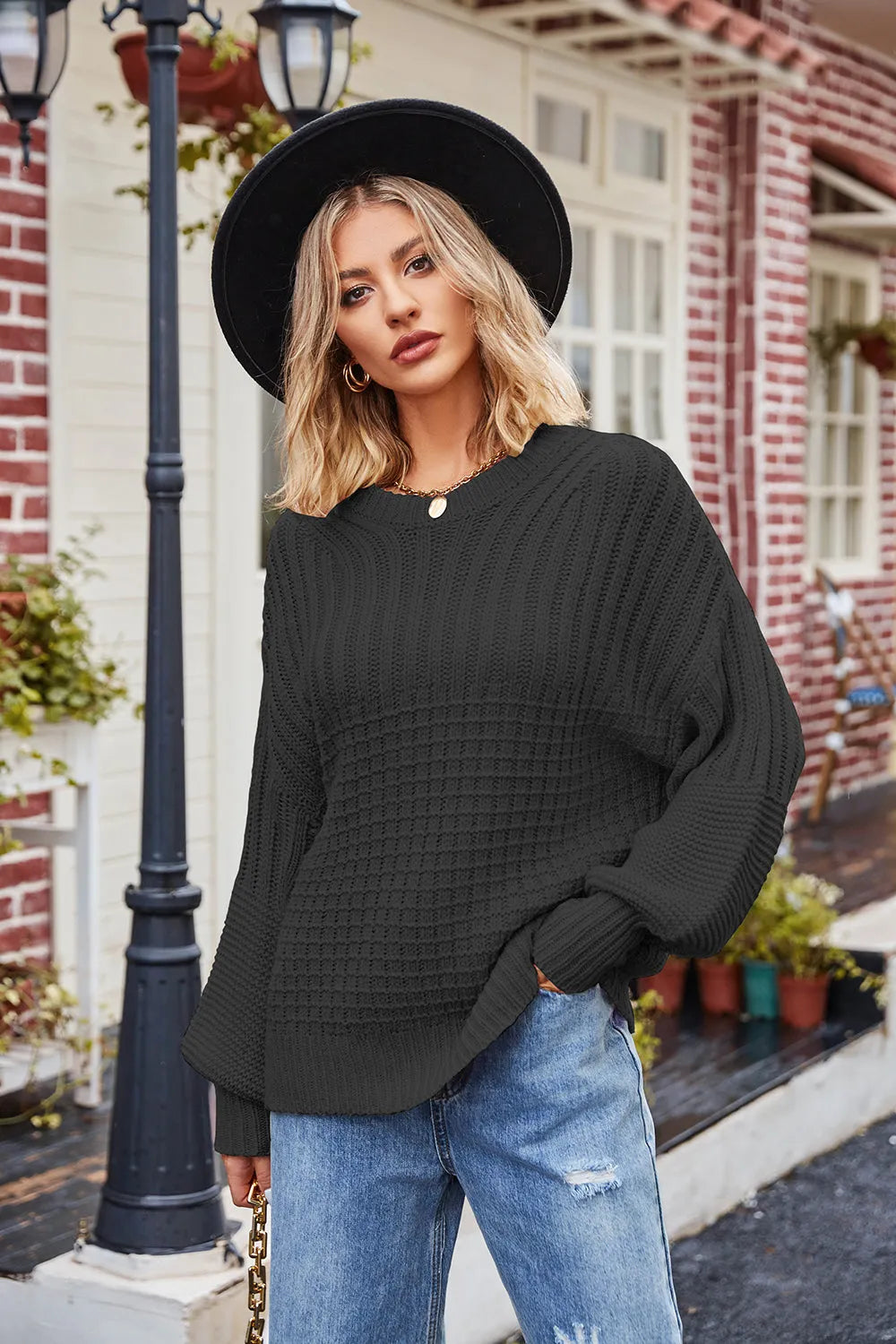 Ribbed Drop Shoulder Lantern Sleeve Sweater - Wellen Fashion