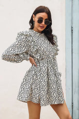 Printed Ruffle Trim Smocked Long Sleeve Mini Dress - Wellen Fashion